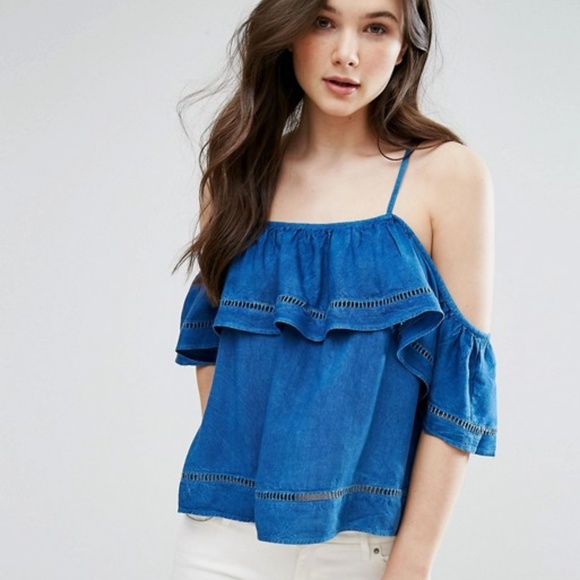 QED London Tops - QED London Frill Denim Crop Top